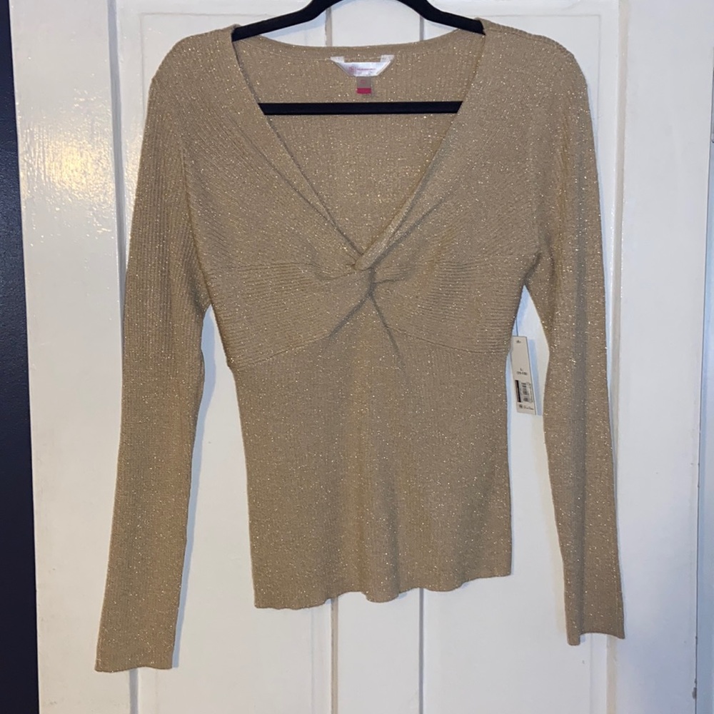Golden Sparkly Long Sleeve Top with Flattering V-Neck and Front Twist Size L